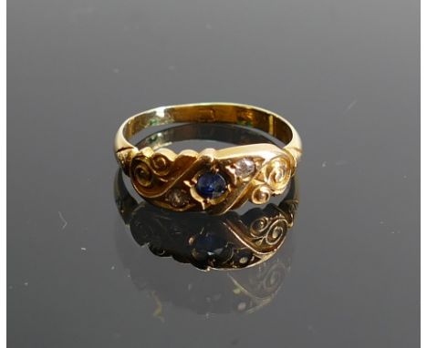 19th Century Yellow metal ring :set with diamonds and sapphire, size L/M, 3.2g. (hallmarks worn) 