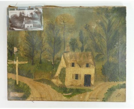 Primitive oil on canvas painting of Toll Gate House Atherstone: Signed and dated lower right corner 41cm x 51cm. 
