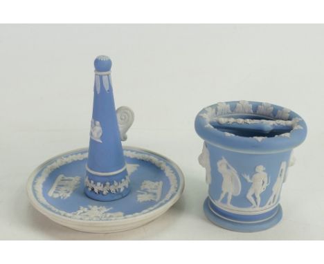 Early light blue Wedgwood combined ring holder and candle snuff together with earlier divided miniature pot: Height of talles