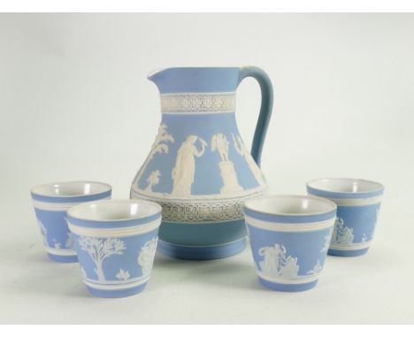 Early 20th century light blue Wedgwood dip jug and beakers: Height of jug 15.5cm. (5) 