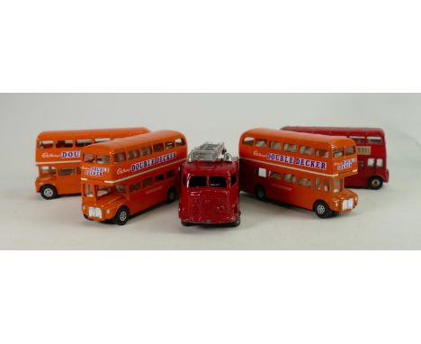 A collection of Dinky and similar advertising buses: Mostly boxed with 955 Fire Engine. 