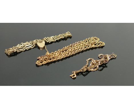 9ct gold items: including gate bracelet and two necklaces, 12.6g. (3) 