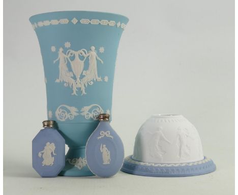 A collection of Wedgwood Jasperware to include: Aqua blue seconds vase, Dancing Hours night light, perfume bottles etc. 