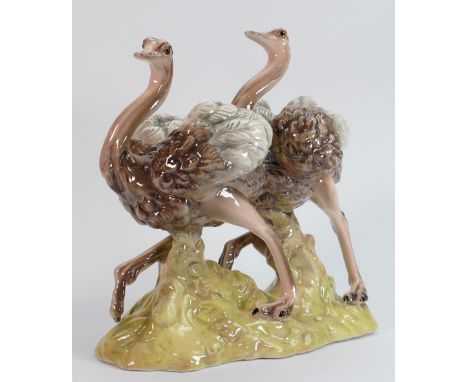 Goldscheider Ostrich figure group: Measuring 27.5cm wide x 27cm high x 15cm deep. C1890 - 1910. 