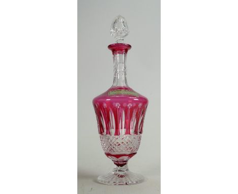 Red cordial decanter Saint Louis cut glass crystal: Measures 25cm high approx.  Excellent condition. 