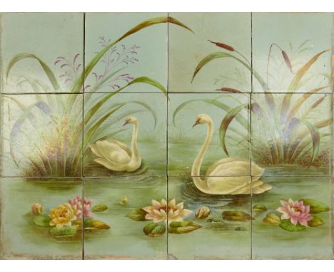 Series of 12 Victorian hand painted tile panels: Decorated with Swans &amp; Lilies - two tiles noted with hairlines/damage. 