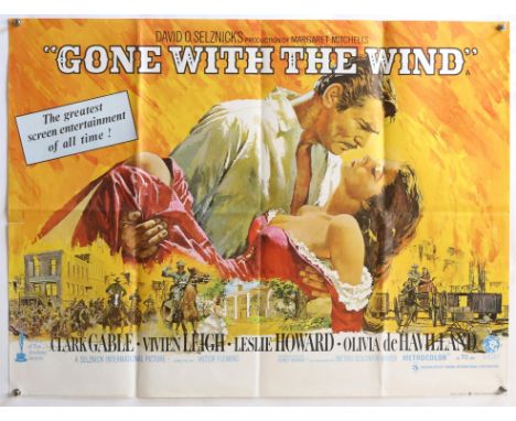 Gone With the Wind (R-1969) British Quad film poster, starring Clark Gable and Vivien Leigh, artwork by Howard Terpning, fold