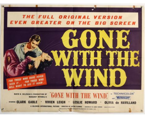 Gone With the Wind (R-1950's) British Quad film poster, starring Clark Gable and Vivien Leigh, folded, 30 x 40 inches. 