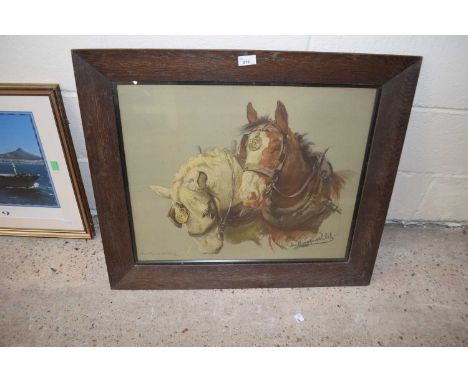 Portrait of the heads of two Shire Horses "And Days at the Morn..." by L Kemp-Wilde, framed and glazed