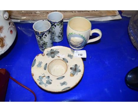 A Burleigh royal commemorative mug together with two spill vases and a stone ware dish