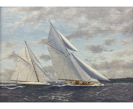 George Drury (British 1950-): 'White Heather II Leads Lulworth - 1927 Season', oil on board signed, titled verso 28cm x 38cm 