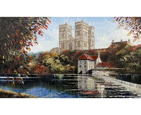 Dallas K Taylor (British 1941-2011): Durham Cathedral from the River, oil on canvas board signed 44cm x 75cm 