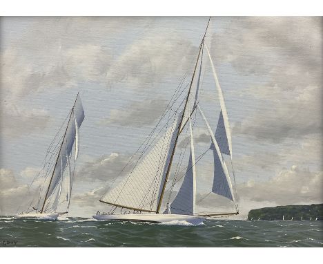 George Drury (British 1950-): 'Lulworth and White Heather II off Cowes 1927', oil on board signed, titled verso 29cm x 38cm 