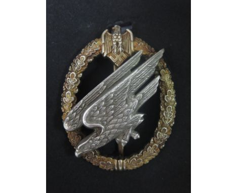 German: Army Paratrooper Badge, 800 Silver, engraved Fallschirm Ob. Jag Schneider