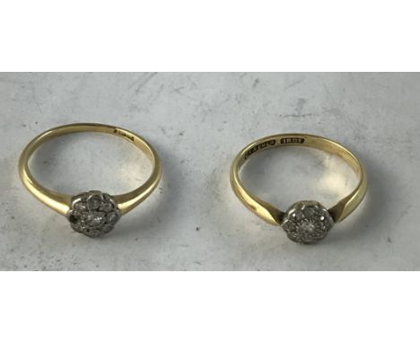 Two 18 carat gold and diamond set rings each with flower head setting, total weight 4.7 g, ring size M