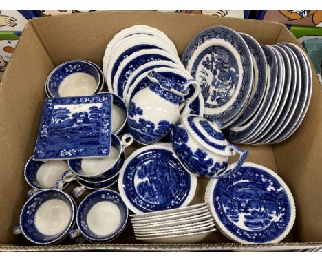 A box containing a collection of Copeland "Spode's Tower" flow blue pottery dinner wares including various side plates, teacu