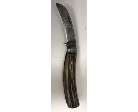 A pruning knife with flat bottom and antler scales, the blade inscribed "Saynor - Saynor Cooke & Ridal" and indistinctly vers