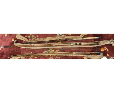 A circa 1900 Hardy Greenheart rod, three piece with lock fast joints, bridge rings and reel fitting stamped "Hardy W reg 16.8