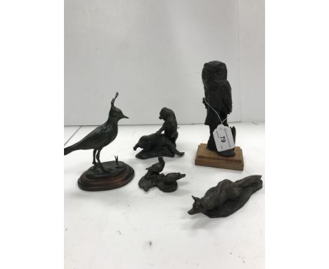 Four various cold cast bronze figures of animals including "Owl", "Fox", "Pair of Otters" and "Pair of Birds" CONDITION REPOR