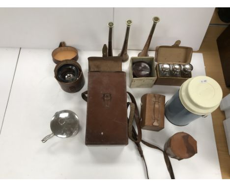 A collection of various hunting and other items including an Army & Navy CSL hunting horn, a Champion & Wilton hunting horn a