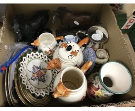 A box containing assorted sporting related china and ornaments, to include a PPC China teapot, milk jug and hot water jug, a 