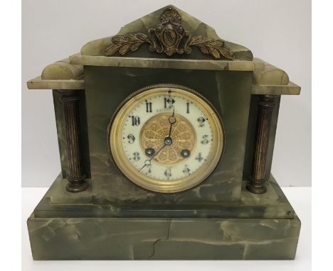 A late 19th Century green onyx cased mantel clock of architectural form, the eight day movement by Samuel Marti of Paris, the