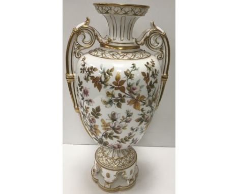 A Victorian Crown Derby trailing rose decorated twin-handled vase with gilt outline, attributed to J A Peach, bearing black m