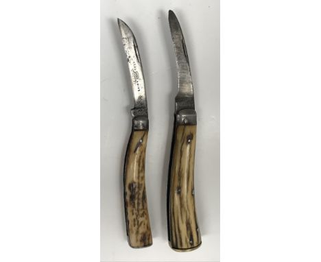 A flat bottom pruning knife, stag scales, brass base, blade stamped "Taylor Sheffield", 10.8 cm closed, together with another