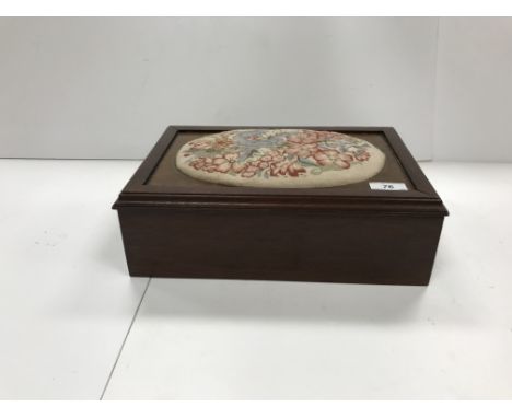 A mahogany rectangular box with floral embroidered panelled top enclosing a collection of various sporting and other related 