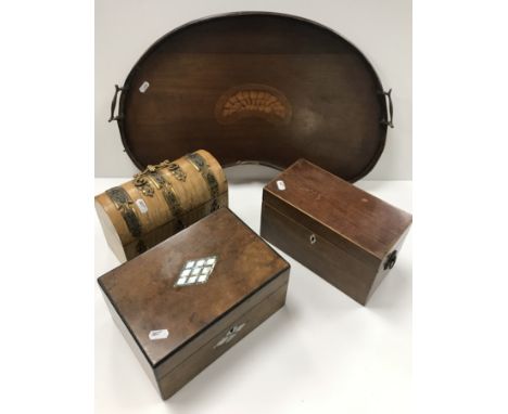 A box of treenware to include a 19th Century mahogany and banded tea caddy of plain rectangular form, a walnut jewellery box 