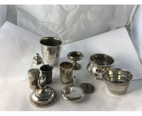 A collection of silver and white metal wares to include a bellied pot (by S J Rose & Son, Sheffield 1970), a tapered silver p