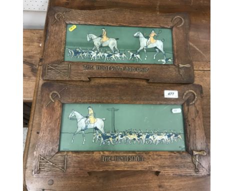 AFTER CECIL ALDIN "The huntsman" and "The huntsman and whip" colour prints in oak frames with applied relief work titles and 