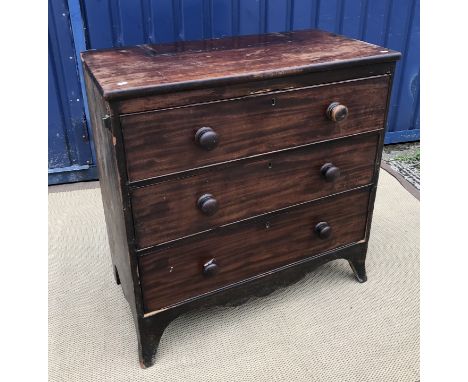 A 19th Century mahogany square front chest of three long drawers with turned knob handles, raised on splayed bracket feet, 92