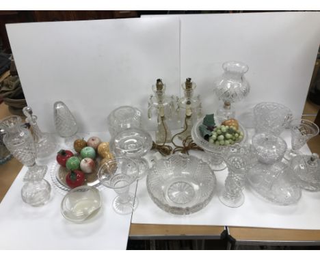 A large collection of assorted cut glasswares to include a pair of lustre electric lights, a further electric light with glas