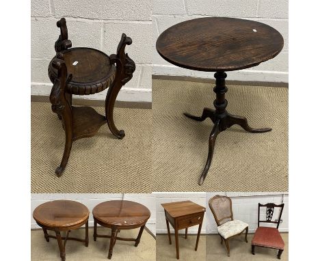 A collection of furniture comprising an 18th Century oak tilt top occasional table raised on turned pedestal to tripod base 4