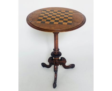 GAMES TABLE, Victorian figured walnut circular with chess board inset and carved tripod, 56cm x 72cm H. 