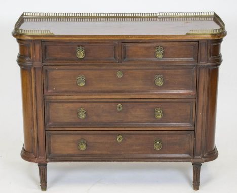 HALL COMMODE, 76cm H x 93cm W x 38cm D, English mahogany, circa 1890, in Directoire style with brass gallery above five drawe