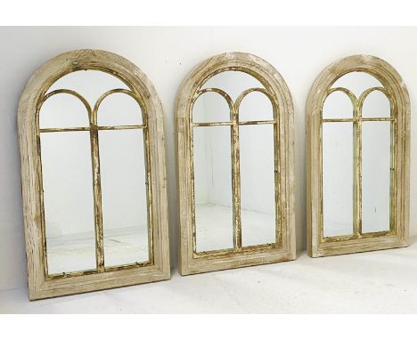 ARCHITECTURAL WALL MIRRORS, a set of three, 94cm x 54cm, distressed painted frames. (3) 