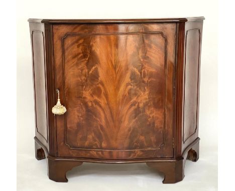 SIDE CABINET, George III style flame mahogany of serpentine outline with panel door enclosing shelf, 100cm x 43cm x 85cm H. 