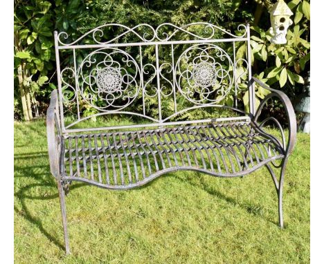 ARCHITECTURAL METAL GARDEN BENCH, Italian style, 90cm H x 110cm W x 67cm D. 