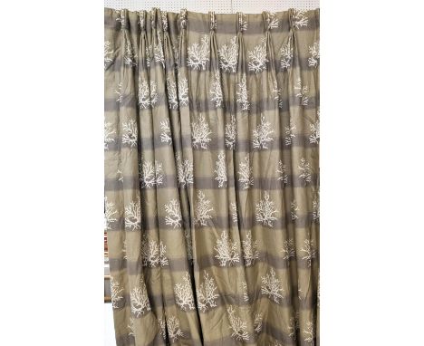 CURTAINS, pair, with cream and grey decoration on a gold ground, cream linen linings, 290cm drop x 150cm gathered. (2) 