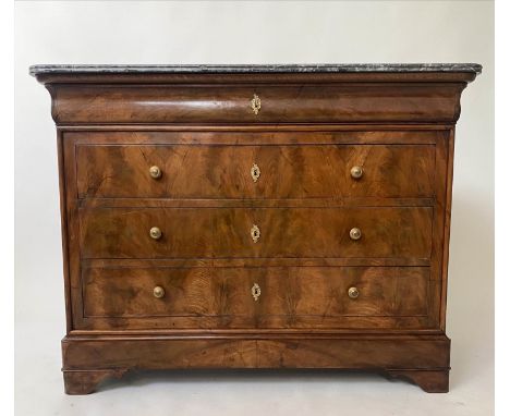 COMMODE, 19th century French Louis Philippe figured walnut with four long drawers, gilt metal mounts and St Annes grey marble