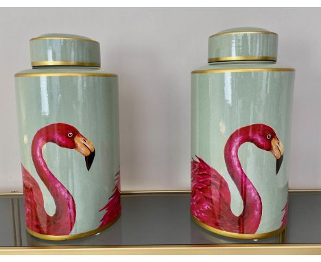 GINGER JARS, a pair, 40cm x 20cm, 1970s Italian style, glazed ceramic with flamingo print. (2) 