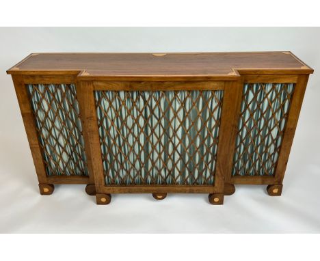 BREAKFRONT CONSOLE TABLE, Regency design mahogany and boxwood inlaid with lattice detail, 73cm H x 134.5cm x 36.5cm. 