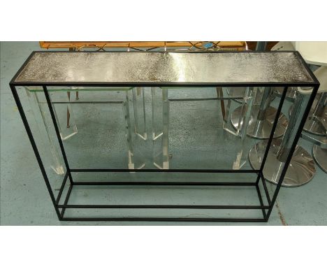 CONSOLE TABLE, 110cm x 25cm x 93cm, slim line design, silvered metal top. 