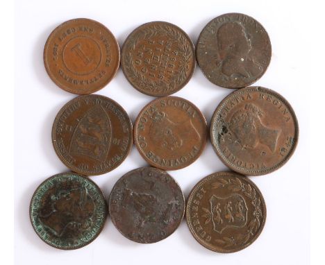 Coins and Tokens, to include New Brunswick One Penny, Nova Scotia 1840, Sierra Leonne Company 1791, Straits Settlements 1895,