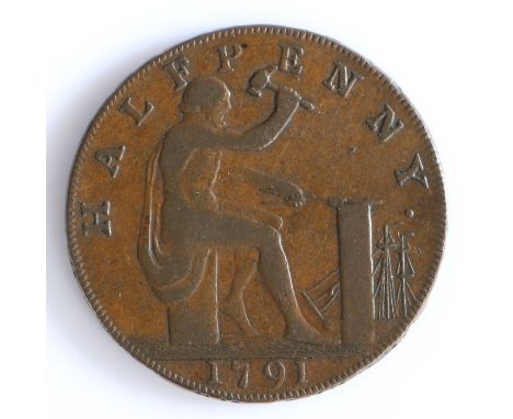 British Token, copper halfpenny, 1791, HALFPENNY 1791 with seated Vulcan forging lightning, the reverse JOHN WILKINSON IRON M
