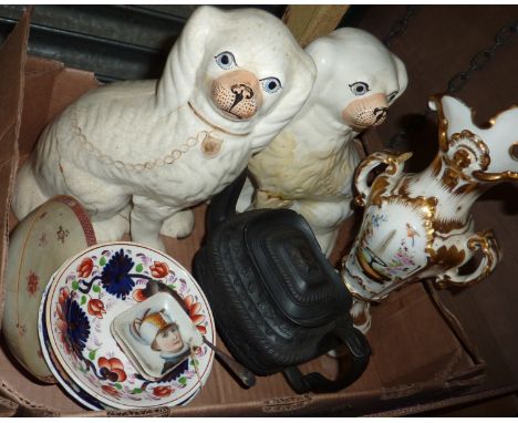 Black Basalt tea pot (a/f), oriental tea bowl, silver tea spoon, pair of Staffordshire dogs, Imari style saucers etc