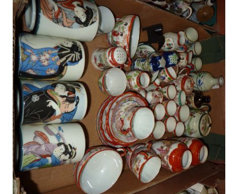 Box of oriental ware inc egg cups, miniature jugs, tea pots, cups and saucers, beakers etc