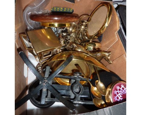 Set of scales, trinket pots, wood framed barometer, brass ware etc